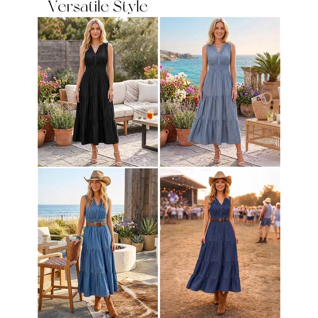 Berrygo Womens Denim Dress Sleeveless Jean Maxi Dress Empire Waist Flowy A Line Cowgirl Country Soft Chambray With Pockets