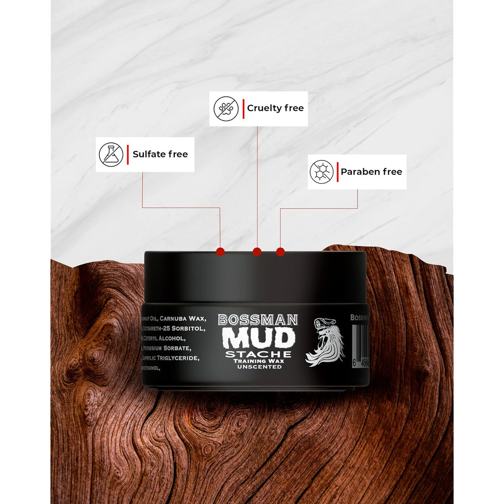 Bossman MUDstache Unscented Mustache Wax for Men (1 oz) – Strong 24-Hour Hold, Non-Tacky & Easy to Apply for Taming & Styling