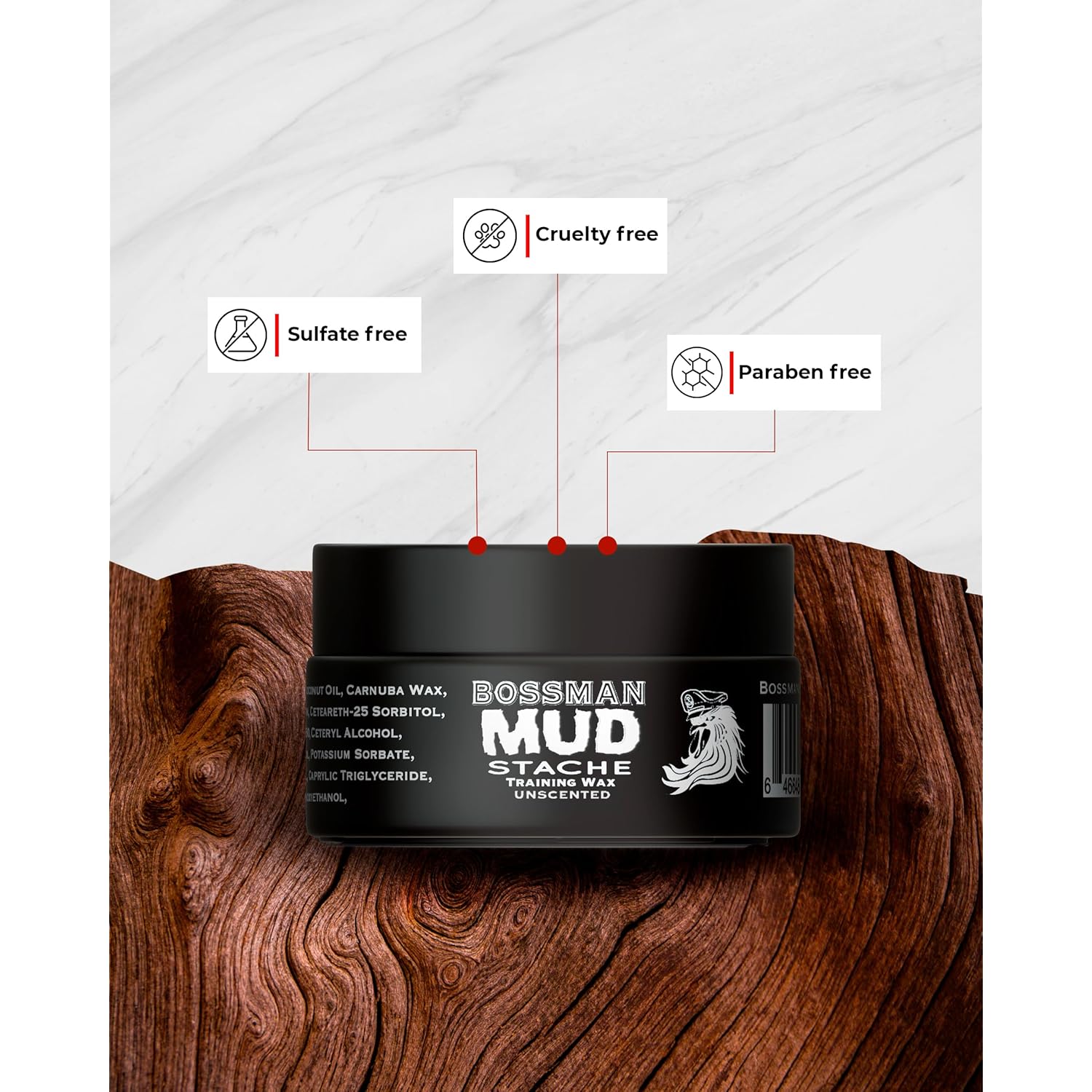 Bossman MUDstache Unscented Mustache Wax for Men (1 oz) – Strong 24-Hour Hold, Non-Tacky & Easy to Apply for Taming & Styling