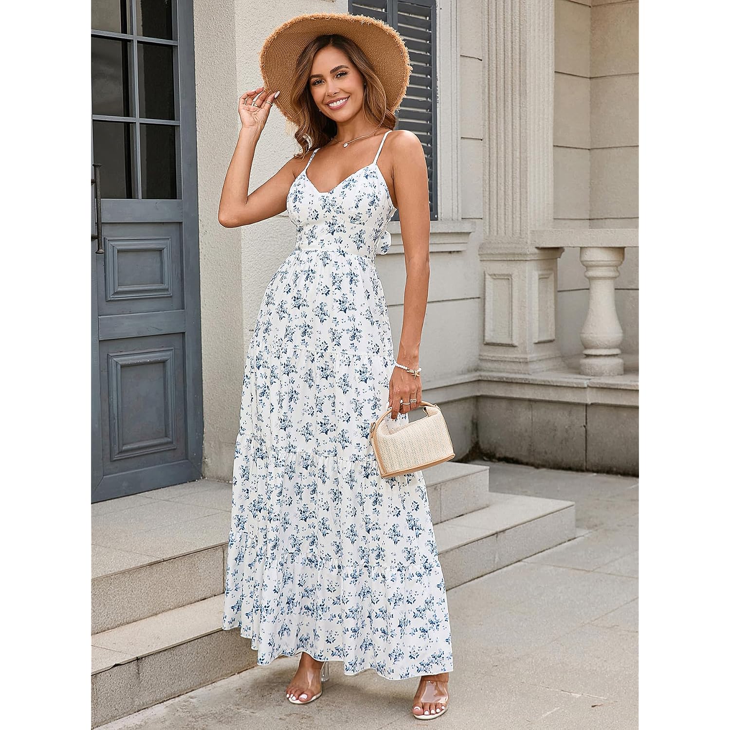 Htzmo Women Casual Summer Floral Maxi Sundress V Neck Spaghetti Strap Bow Tie Backless Flowy Boho Beach Long Dress 2026