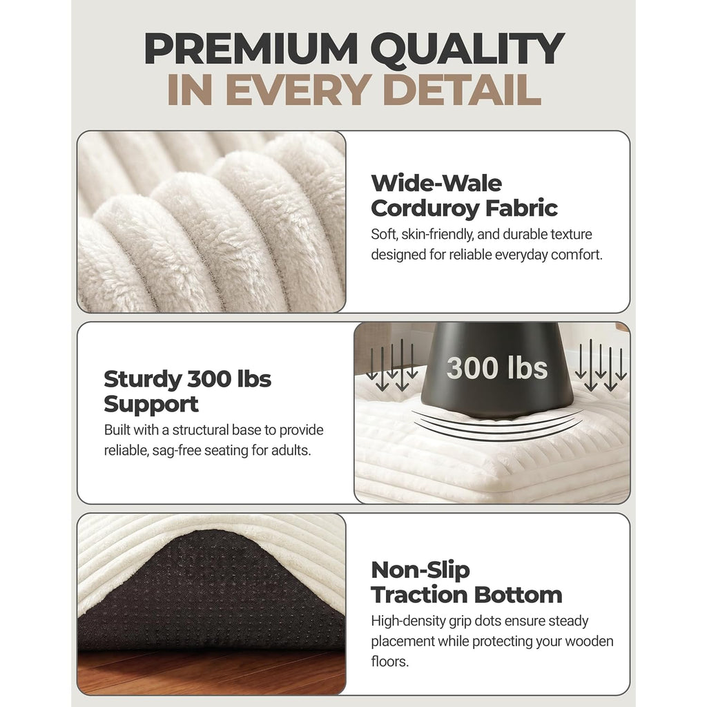 23.6In Pouf Ottoman, Corduroy Ottoman Foot Rest With Dual‑Layer Support, Large Poofy Pouf With Soft Chunk‑Foam Top & Firm Foam Base, Floor Foot Stool For Living Room, Beige