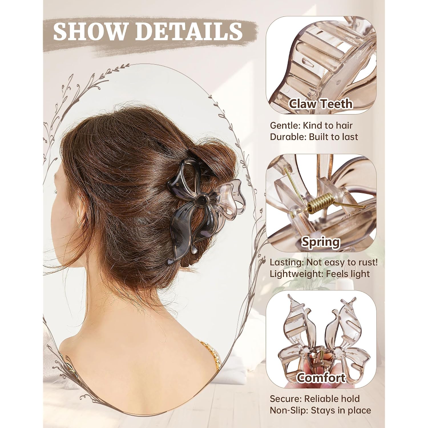 Mesovor 4 Pack Cute Bow Claw Clip For Women, Nonslip Large Matte Strong Hold Bows Hair Clips For Thin And Thick Hair | Chic Hair Styling Accessories (4.1" Black, Leopard)