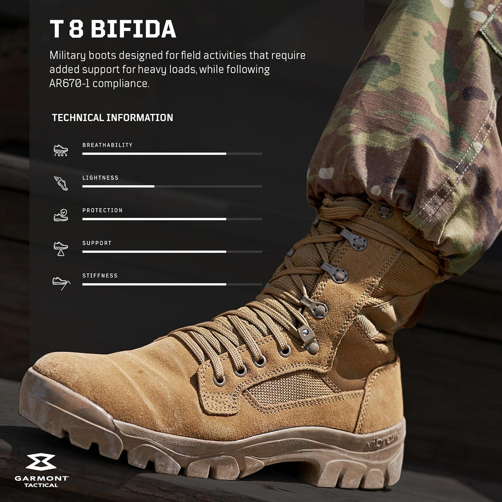 Garmont Tactical T8 Bifida Military Combat Boots For Men And Women, Army, Air Force, Ar670-1 Compliant Footwear, Suede Leather, Multi-Terrain Shoes, Coyote