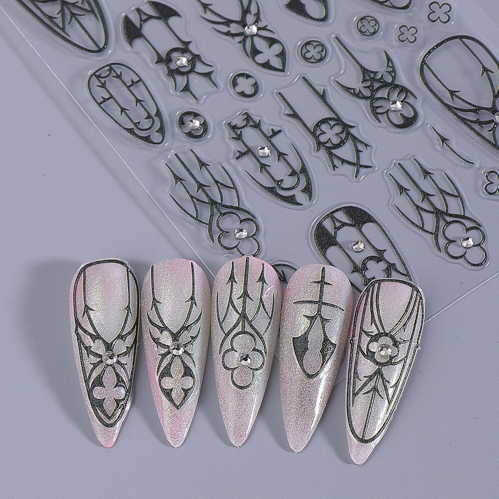 Gothic Nail Stickers Witchy Decals 12PCS Dark Black Goth Nail Art Stickers 3D Self-Adhesive Totem Punk Belt Nails Designs DIY Bat Holiday Nail Supplies French for Acrylic Manicure Decoration