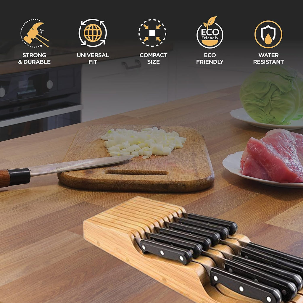 Bambüsi Knife Drawer Organizer - Bamboo Wood In-Drawer Knife Block Holder For Kitchen Drawer, 16 Slot Blade Down Knife Organizer Insert, Fits Chef & Steak Knives, Standard Drawer (Knives Not Included)