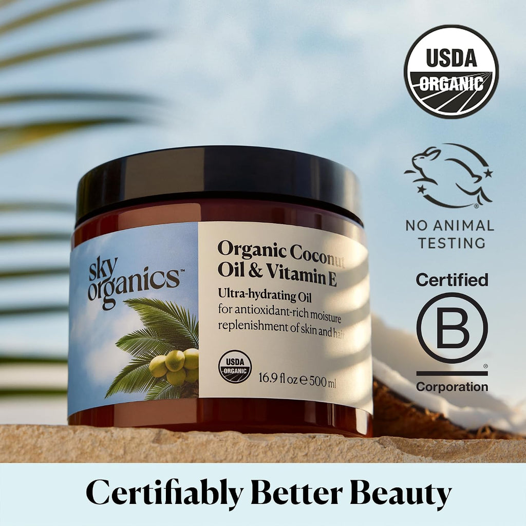 Sky Organics - Organic Coconut Oil & Vitamin E, 16.9 Fl Oz - Skin & Hair Ultra-Hydrating Oil - Fatty Acids & Antioxidants - Natural, Vegan & Cruelty Free - Skin Care & Hair Care With Ebook