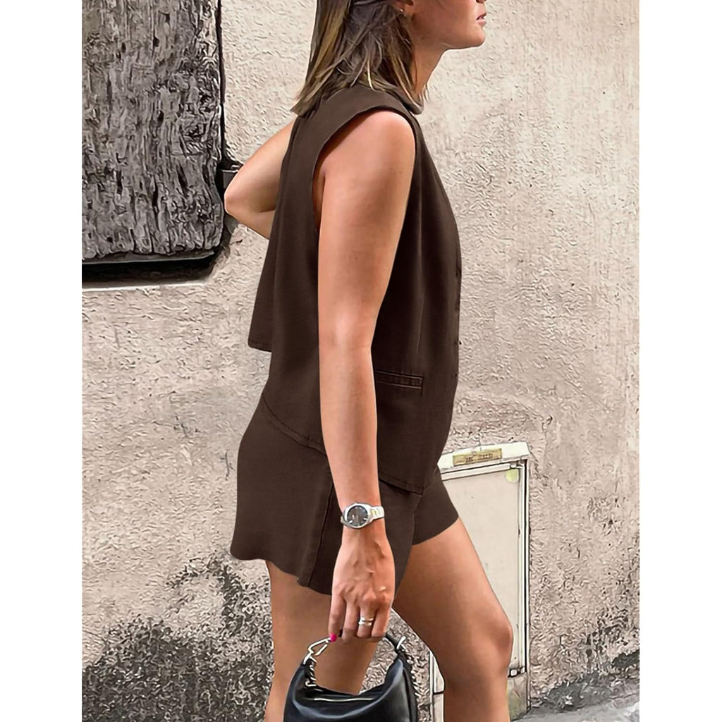 Prettygarden Women'S Summer 2 Piece Outfits Sleeveless Matching Sets Button Down V Neck Vest Waistcoat And Pockets Shorts
