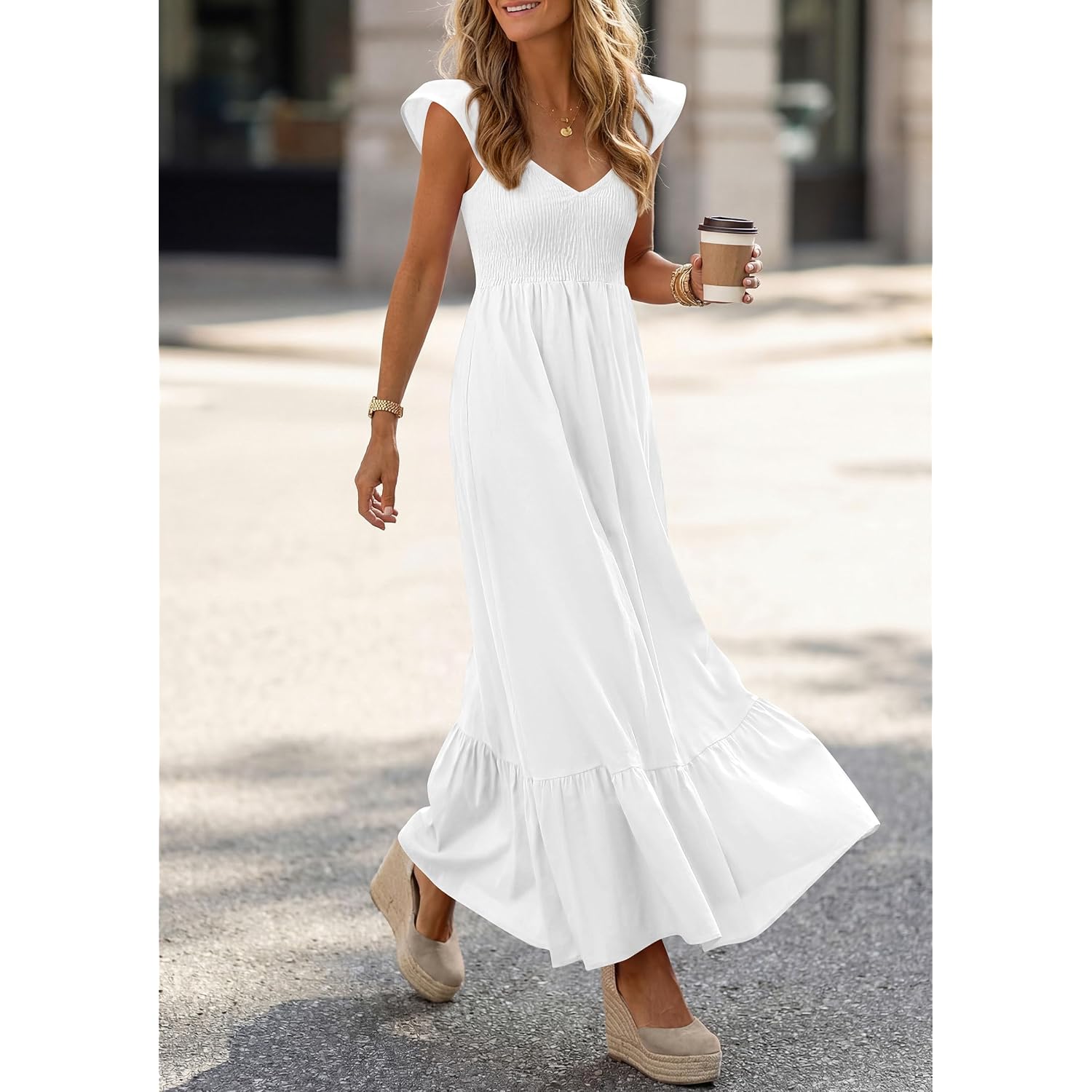 Prettygarden Women'S 2026 Summer Casual Maxi Dresses Cap Sleeve V Neck Smocked Long Pockets Party Sundress Vacation Outfits