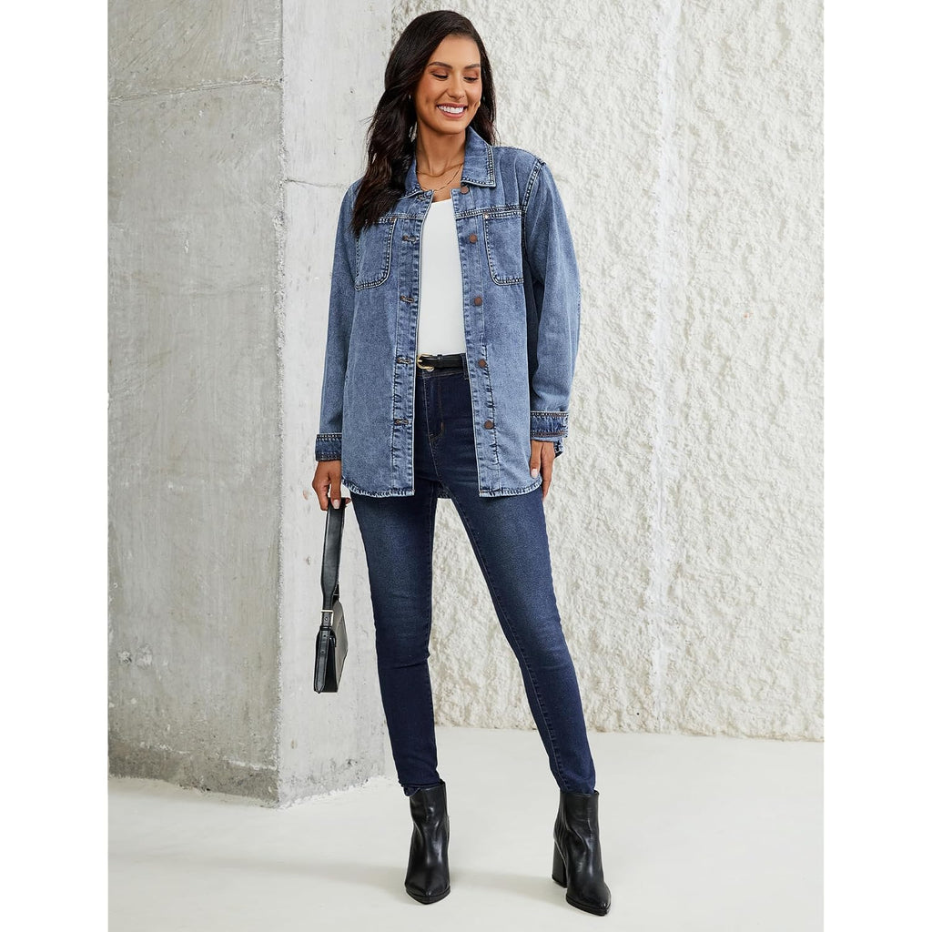 Luvamia Denim Jackets For Women Trendy Long Sleeve Button Down Shirt Jacket Jean Shacket With Pocket Western Work Jacket