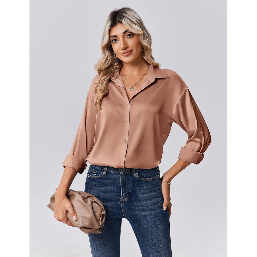 Womens Tops Long Sleeve Satin Silk Button Down Shirts Casual Business Dressy Blouses Fall Clothes