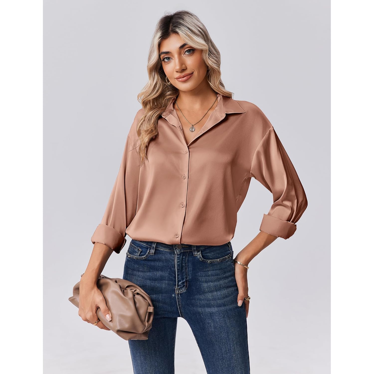 Womens Tops Long Sleeve Satin Silk Button Down Shirts Casual Business Dressy Blouses Fall Clothes