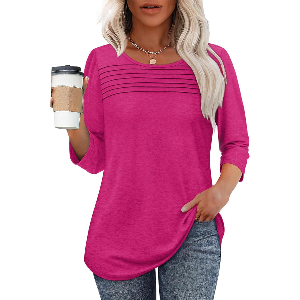 Ofeefan Womens Tops 3/4 Length Sleeve Blouses Dressy Casual Spring Summer Fall Outfits Pleated Front T Shirts Curved Hem