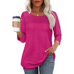 Ofeefan Womens Tops 3/4 Length Sleeve Blouses Dressy Casual Spring Summer Fall Outfits Pleated Front T Shirts Curved Hem