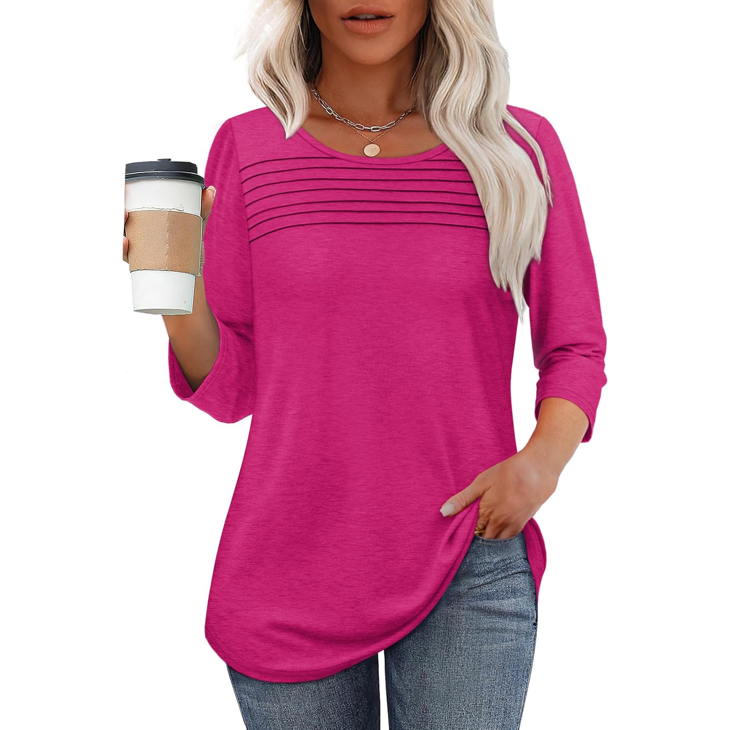 Ofeefan Womens Tops 3/4 Length Sleeve Blouses Dressy Casual Spring Summer Fall Outfits Pleated Front T Shirts Curved Hem