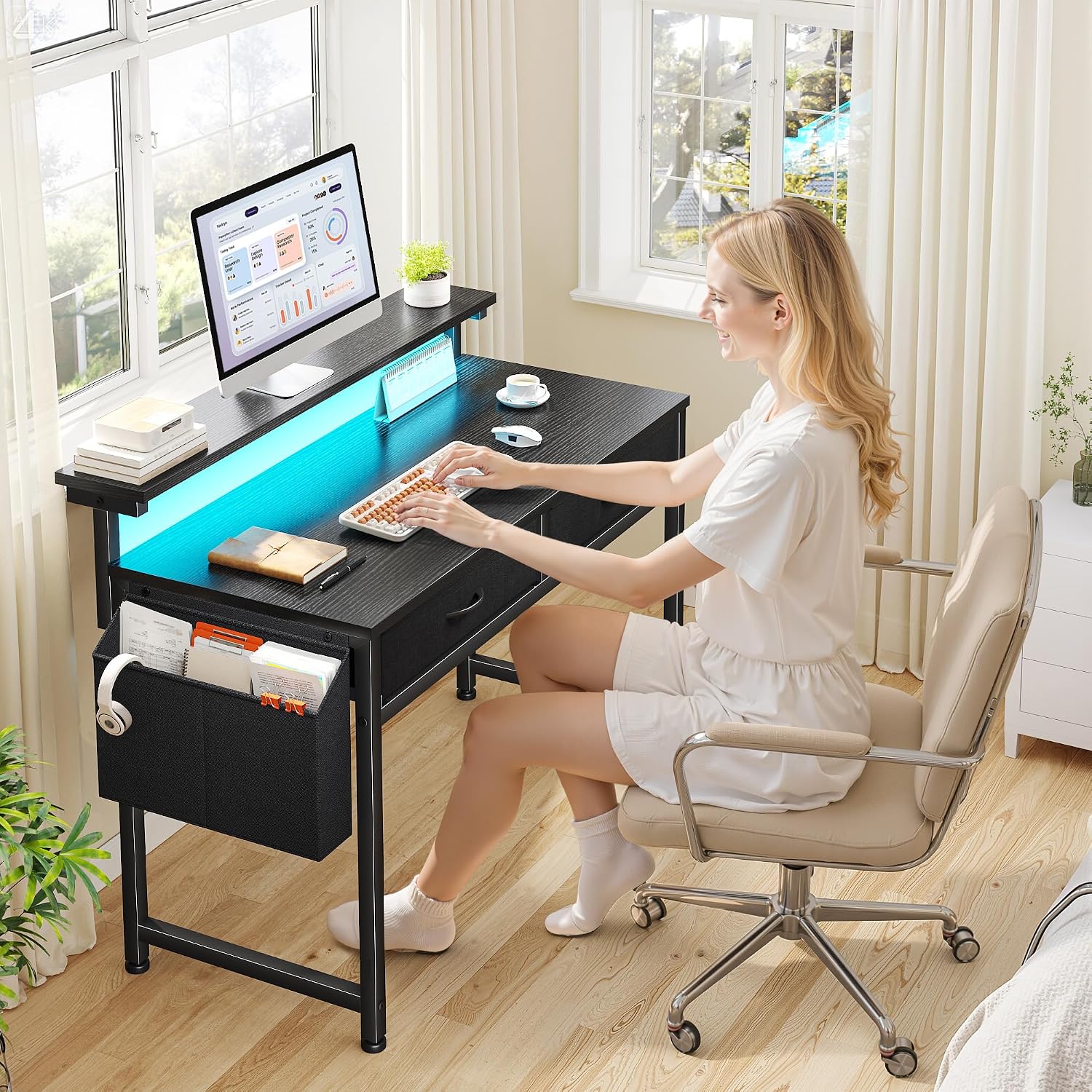 31Inch Office Computer Desk With Led Lights & 2 Fabric Drawers, Gaming Desk With Side Pocket & Ergonomic Monitor Stand, Small Space Study Writing Table With Anti-Tip Design,Black