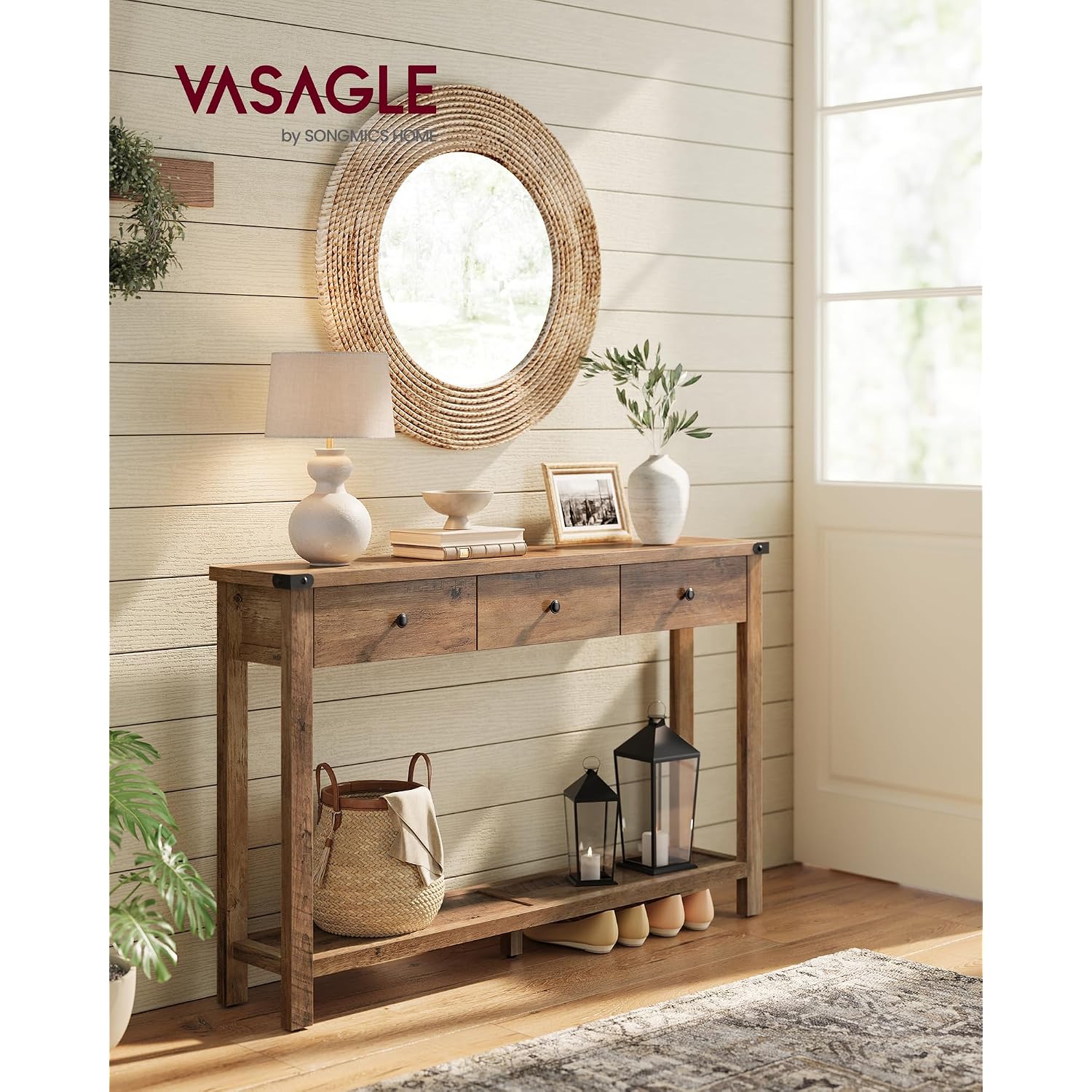 Vasagle Liry Collection Narrow Console Table With 3 Drawers, Brown | Sofa Table With Storage Shelf, Metal Corners, Farmhouse Style, Ulnt142Kb02S