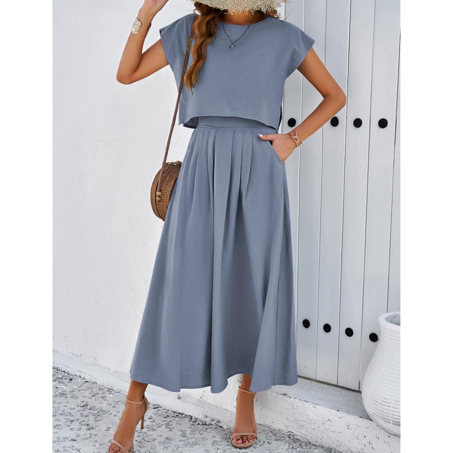 Womens 2 Piece Outfits Skirt Set Summer Casual Cap Sleeve Crop Tops Maxi Dress Sets With Pockets