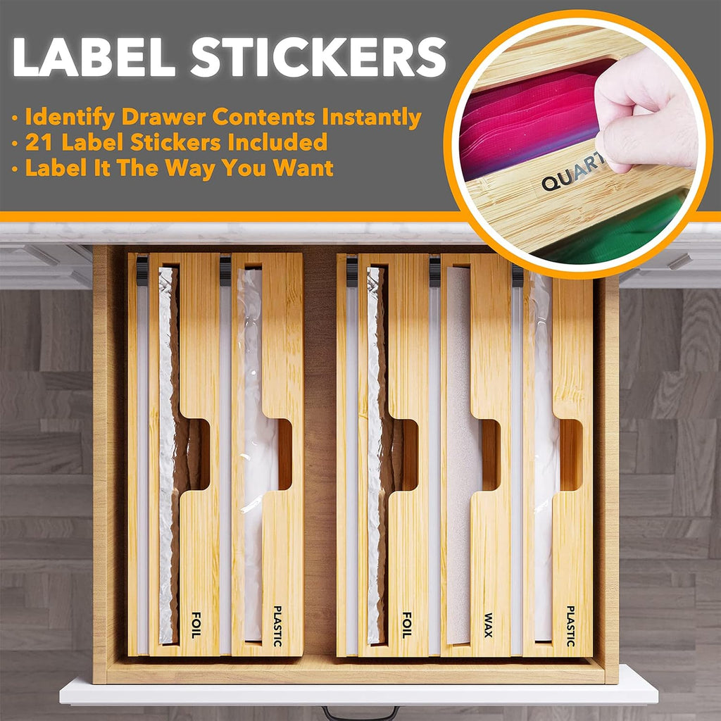Spaceaid Wrapneat 3 In 1 Wrap Organizer With Cutter And Labels, Plastic Wrap, Aluminum Foil And Wax Bamboo Dispenser For Kitchen Storage Organization Holder For 12" Roll (Natural)