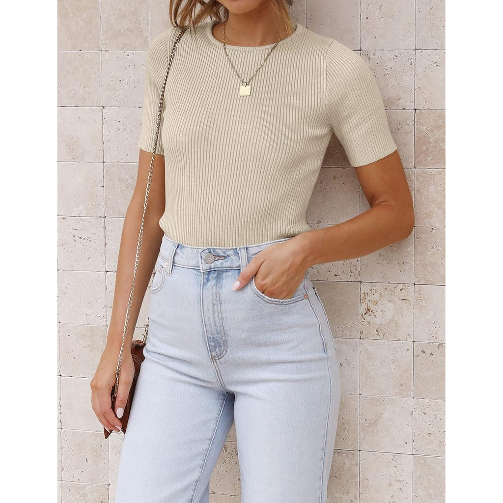 Zesica Women'S Short Sleeve Sweater Tops 2026 Summer Crewneck T Shirt Ribbed Knit Slim Fit Basic Solid Color Tee