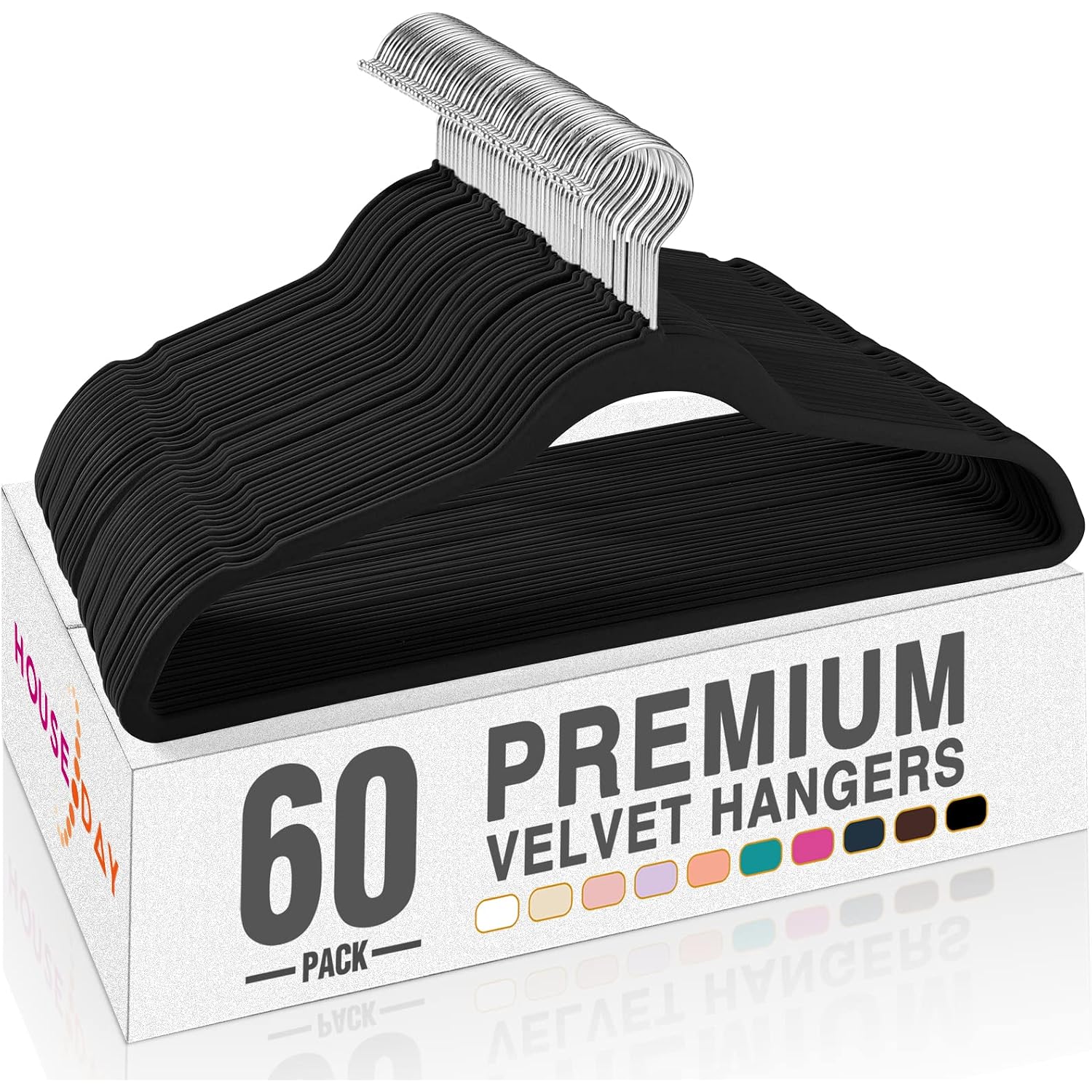 House Day Black Velvet Hangers 60 Pack, Non Slip Clothes Felt Hanger Heavy Duty For Coat, Premium Slim Space Saving Suit Hangers For Closet Organizer, 360° Rotating Silver Hook