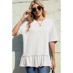 Dokotoo Womens Summer Tops Crewneck Short Sleeve Ruffle Hem Oversized T-Shirts Casual Loose Peplum Babydoll Blouses Shirts