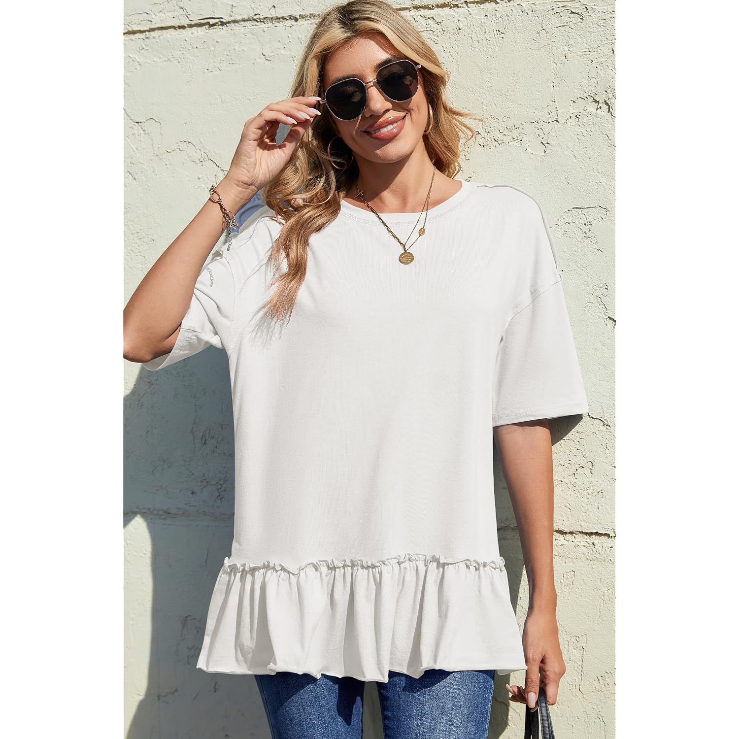 Dokotoo Womens Summer Tops Crewneck Short Sleeve Ruffle Hem Oversized T-Shirts Casual Loose Peplum Babydoll Blouses Shirts