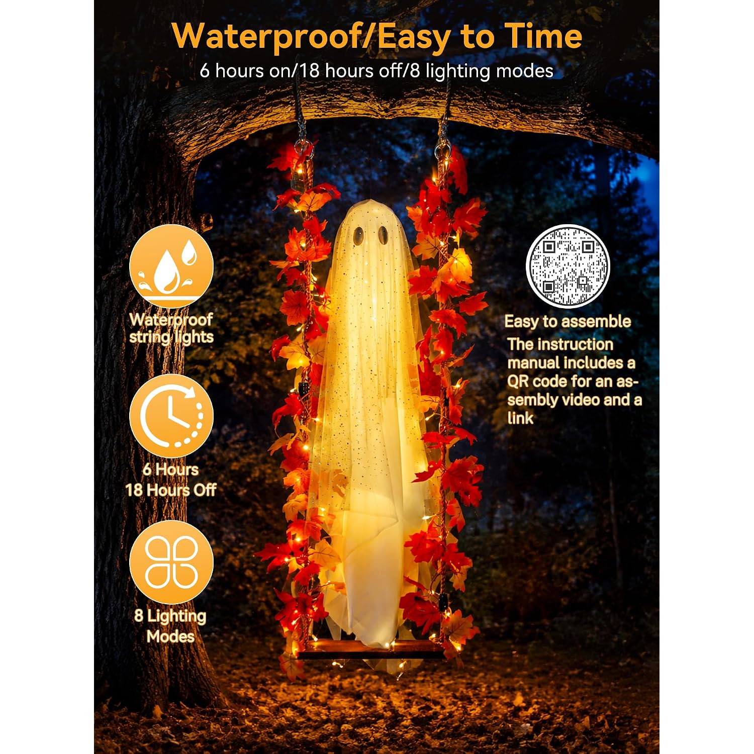 Halloween Decorations Outdoor Indoor-5.3Ft Hanging Ghost Decor With A Maple Leaf 6.6Ft Swing,Ghost Light,Halloween Decor For Tree,Yard,Porch,Garden