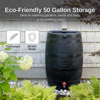 Rts Home Accents 50-Gallon Eco Rain Barrel Made With 100% Recycled Plastic, Flat Back Rain Water Collection Barrel, Black
