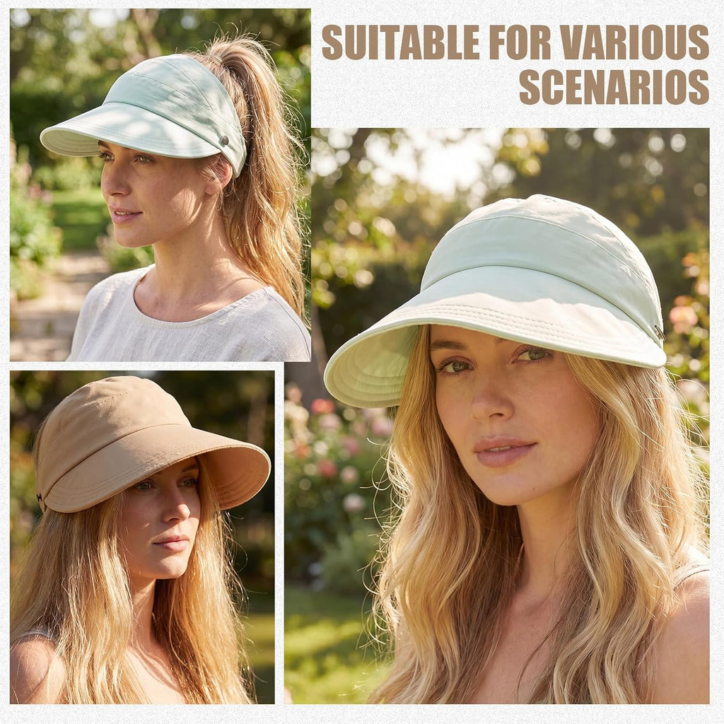 2 Pack Women Sun Hat UV Protection Hiking Fishing Hats Wide Brim Hat Adjustable Ponytail Packable Cap for Outdoor Khaki, Mint Green