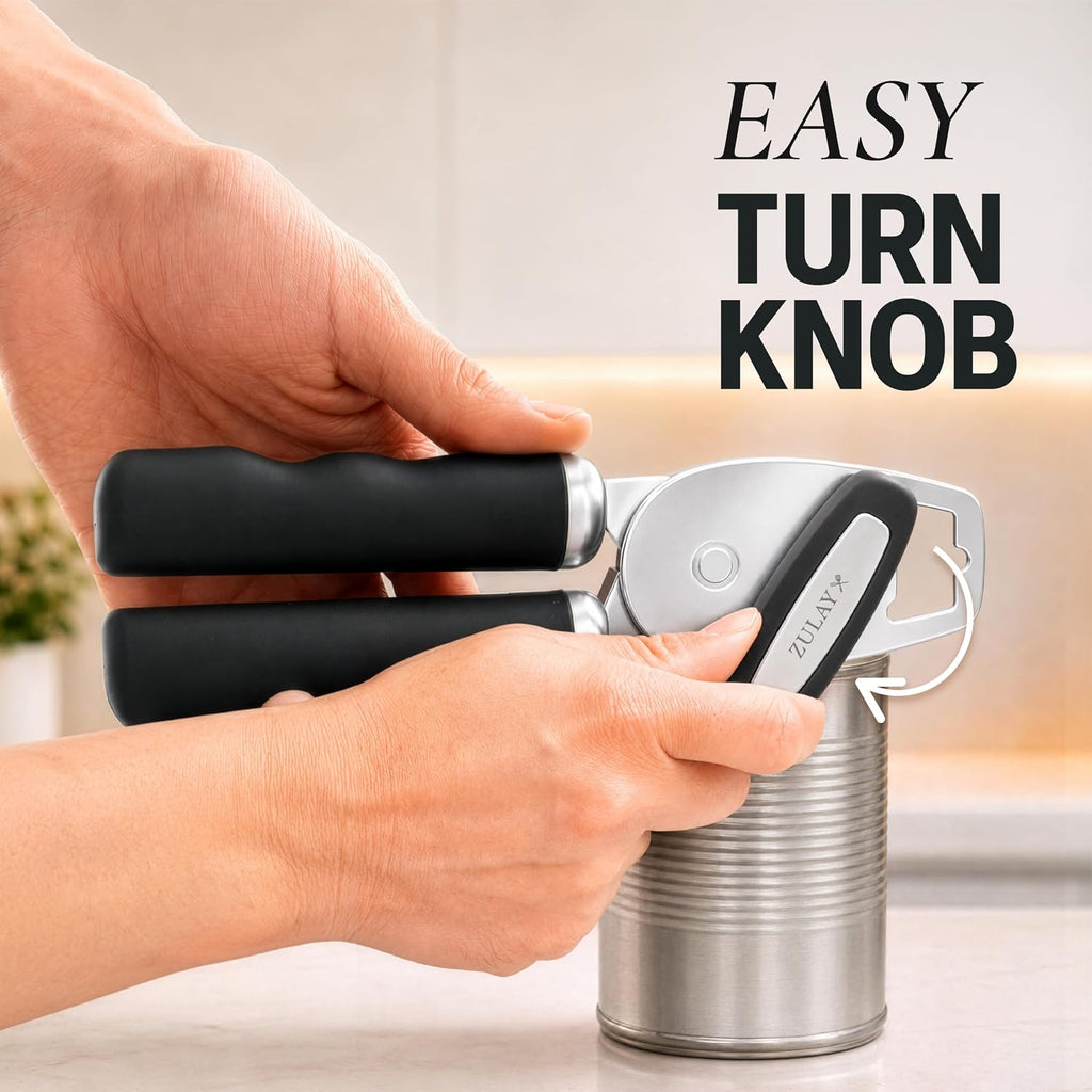 Zulay Kitchen Heavy Duty Stainless Steel Can Opener Manual With Bottle Opener - Rust Proof Manual Can Opener With Turn Knob & Comfy Soft Grip Handles - Black