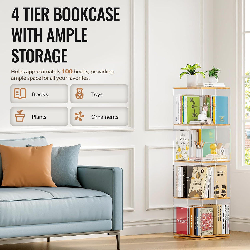 Rotating Bookshelf, 360 Degree Revolving Bookcase, 4-Tier Spinning Bookshelf, Clear Acrylic & Solid Wood Rotating Bookcase For Kid’S Playroom, Bedroom And Living Room, Square