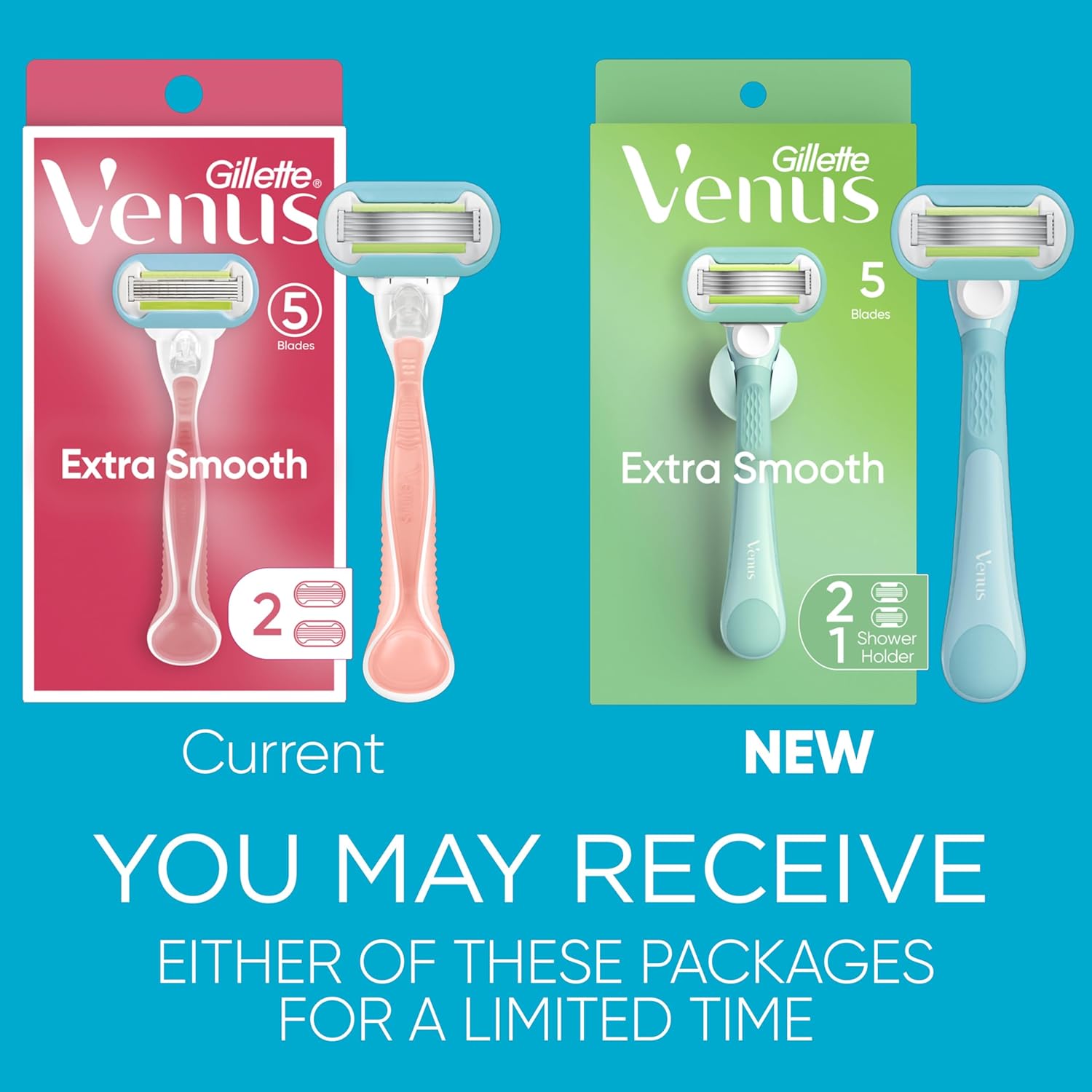 Gillette Venus Extra Smooth Razor for Women, Includes 1 Reusable Razor Handle + 2 Refills, Ergonomic No-Slip Gel Handle and Shower Holder