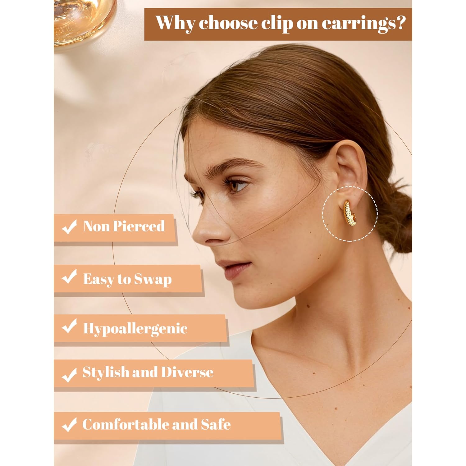 BESTEEL 3Pairs Clip on Earrings for Women Trendy Hypoallergenic 14K Gold Plated Chunky Tube Croissant Waterdrop Clip-on Hoop Earrings Set Fake Jewelry Non Pierced Ears