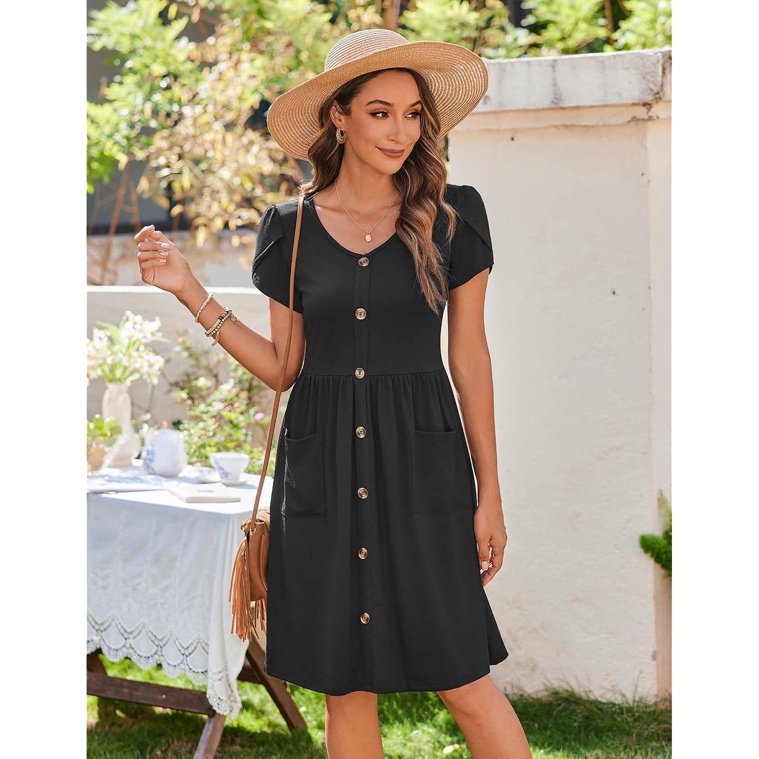 Zeagoo Womens Summer Dress Mini Petal Short Sleeve Dresses Pleated Button Down V Neck Floral Beach Swing Vacation Dress 2026