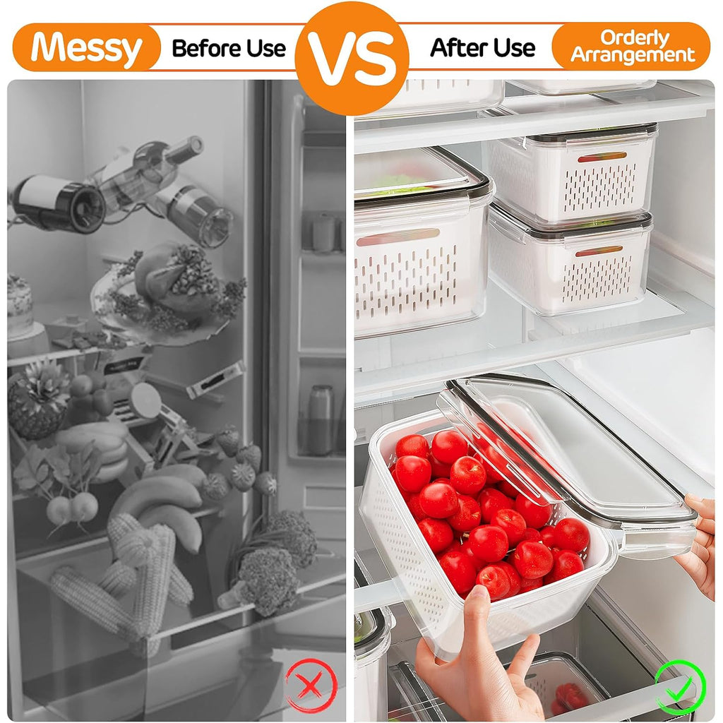 5-Pack Fruit Storage Containers for Fridge with Removable Colanders, 4 in 1 Produce Storage Containers with Lids, Leakproof Fridge Organizer Bins for Salad Berry Lettuce Vegetables Meat Keeper Fresh