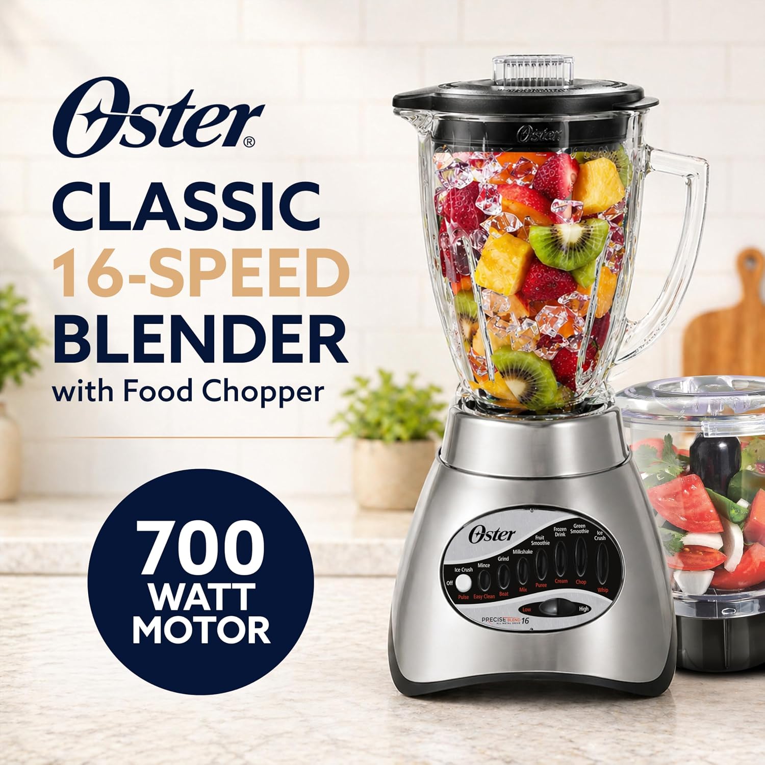 Oster Classic Series 16-Speed Blender With Food Chopper & 6-Cup Glass Jar, Countertop Kitchen Blender, Brushed Nickel