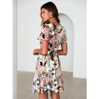 Simplee Women 2026 Floral Summer Short Dress Short Sleeves V Neck Chiffon A-Line Casual Flowy Boho Mini Dresses