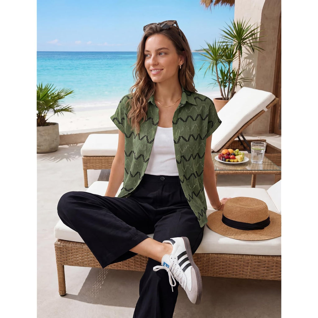 Blooming Jelly Women Casual Summer Button Down Blouse Textured Chevron Print Flowy Elegant Short Sleeve Shirt With Embroidery