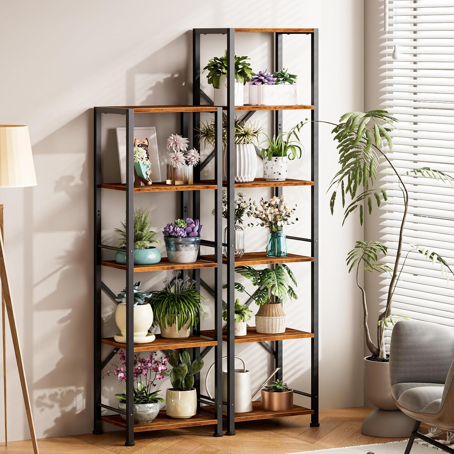 Furologee 6 Tier Tall Bookshelf, Industrial Narrow Bookcase, Display Standing Shelf Units, Metal And Wood Storage Rack Organizer For Living Room, Home Office, Entryway, Kitchen, Rustic Brown