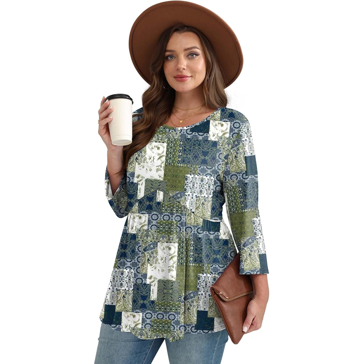 3/4 Length Sleeve Womens Tops Blouses for Women Dressy Casual Spring Fashion Clothing Crew Neck Babydoll Tops