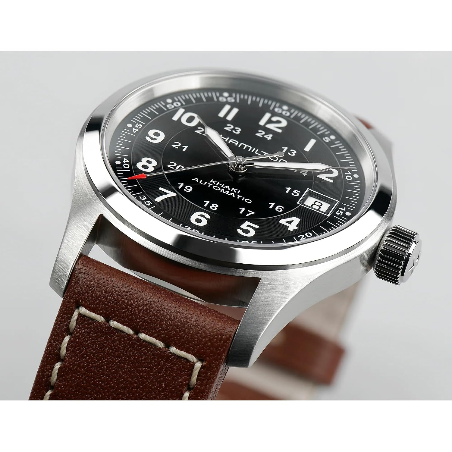 Hamilton Khaki Field Automatic Men'S Watch, 38Mm Stainless Steel Case, Swiss Made, Black Dial Analog Wrist Watch For Men, 100M Waterproof, Sapphire Crystal, 3-Hand Movement, Cow Leather Strap