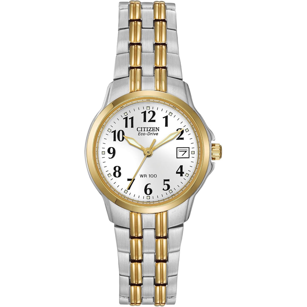 Citizen Women'S Eco-Drive Dress Classic Two Tone Gold Stainless Steel Watch, Easy To Read, White Dial, 26Mm (Model: Ew1544-53A)