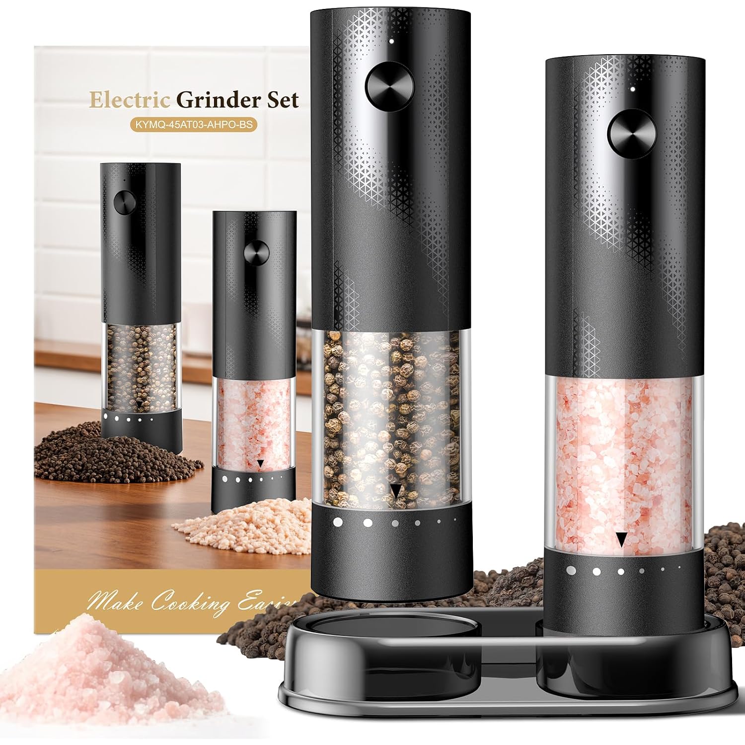Electric Salt And Pepper Grinder Set - Rechargeable Automatic Salt And Pepper Shakers, Kitchen Appliances With External Adjustable Coarseness, Larger Hopper For Cooking, Home Gifts(2 Pack,Black/Black)
