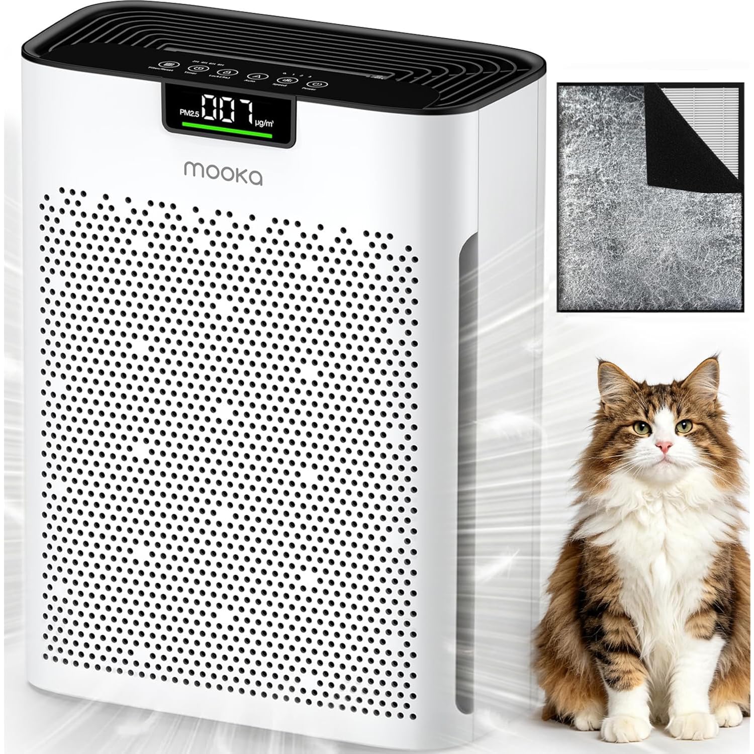 Air Purifier For Home Bedroom Large Room 2200 Ft², Mooka H13 Hepa Air Cleaner With Washable Pre-Filter, Air Quality Monitor, Air Purifiers For Pets Hair Smoke Pollen, Auto Mode, Kj190H White