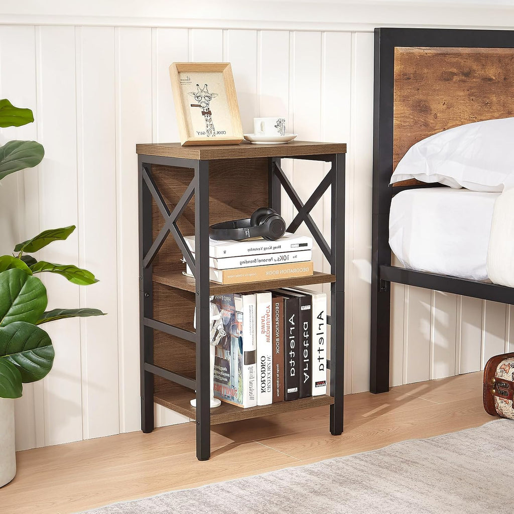 Small Bookshelf, 3 Tier Industrial Shelf With Metal Frame And Backboard, Low Rustic Brown Book Shelf, Small Bookcase For Small Spaces,Bookshelf For Living Room, Bedroom & Home Office