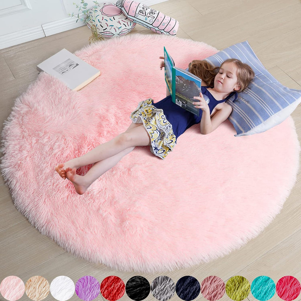 Amdrebio Light Pink Round Circle Rug 4Ft for Girls Bedroom, Fluffy Cute Area Rugs for Kids Room Decor Aesthetic, Small Shag Fur Carpet for Nursery Dorm Classroom Playroom Teen Toddler Baby Corner