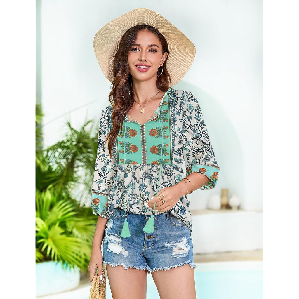 Boho Tops for Women Floral Print 3/4 Sleeve V Neck Blouse Pleated Flowy Vacation Casual Summer Tunic Blouses