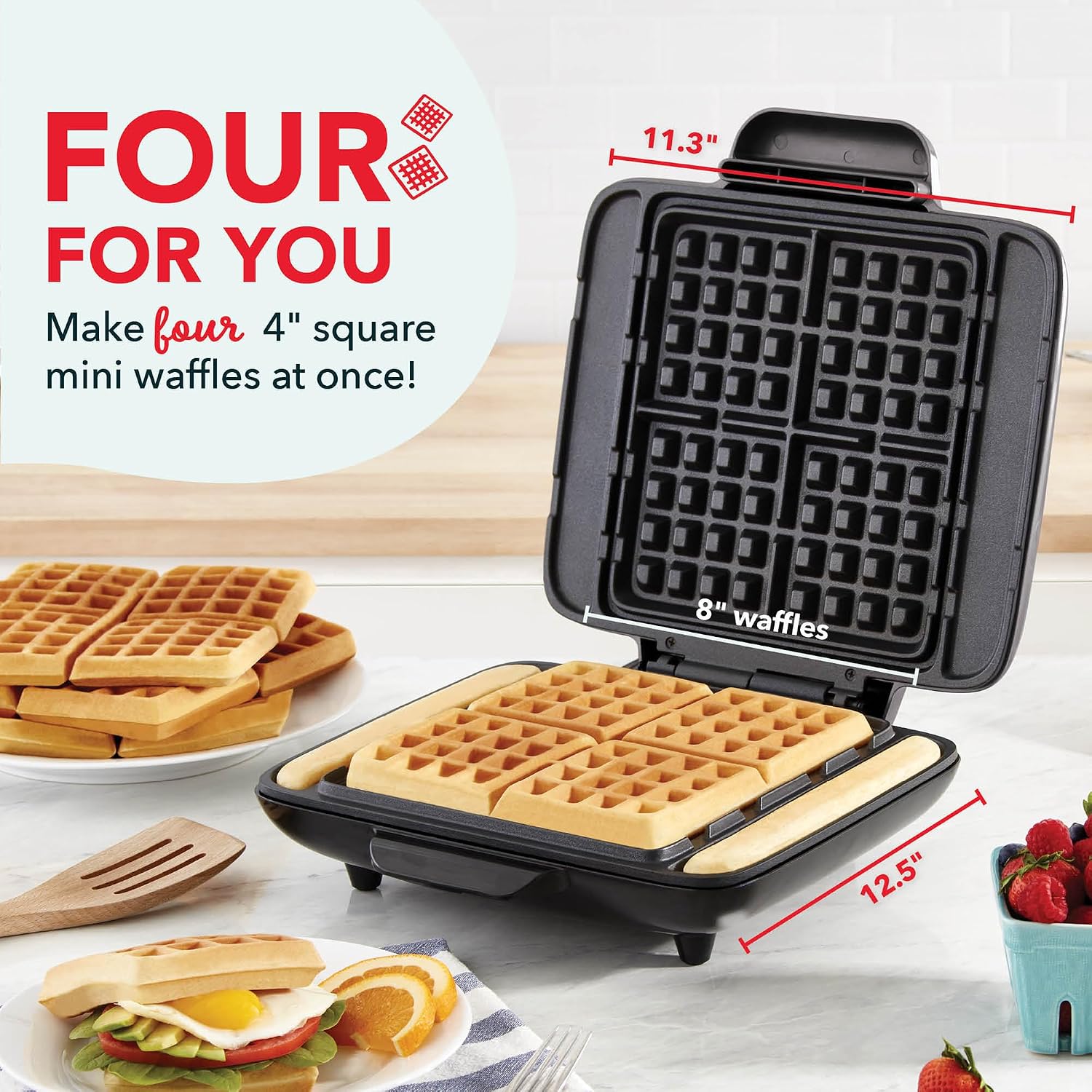 Dash No-Drip Waffle Maker - Makes Four Waffles At Once For Hassle-Free Breakfasts - Dual Nonstick Heating Plates & Quick Heat-Up System - Easy-Release Surface - Silver