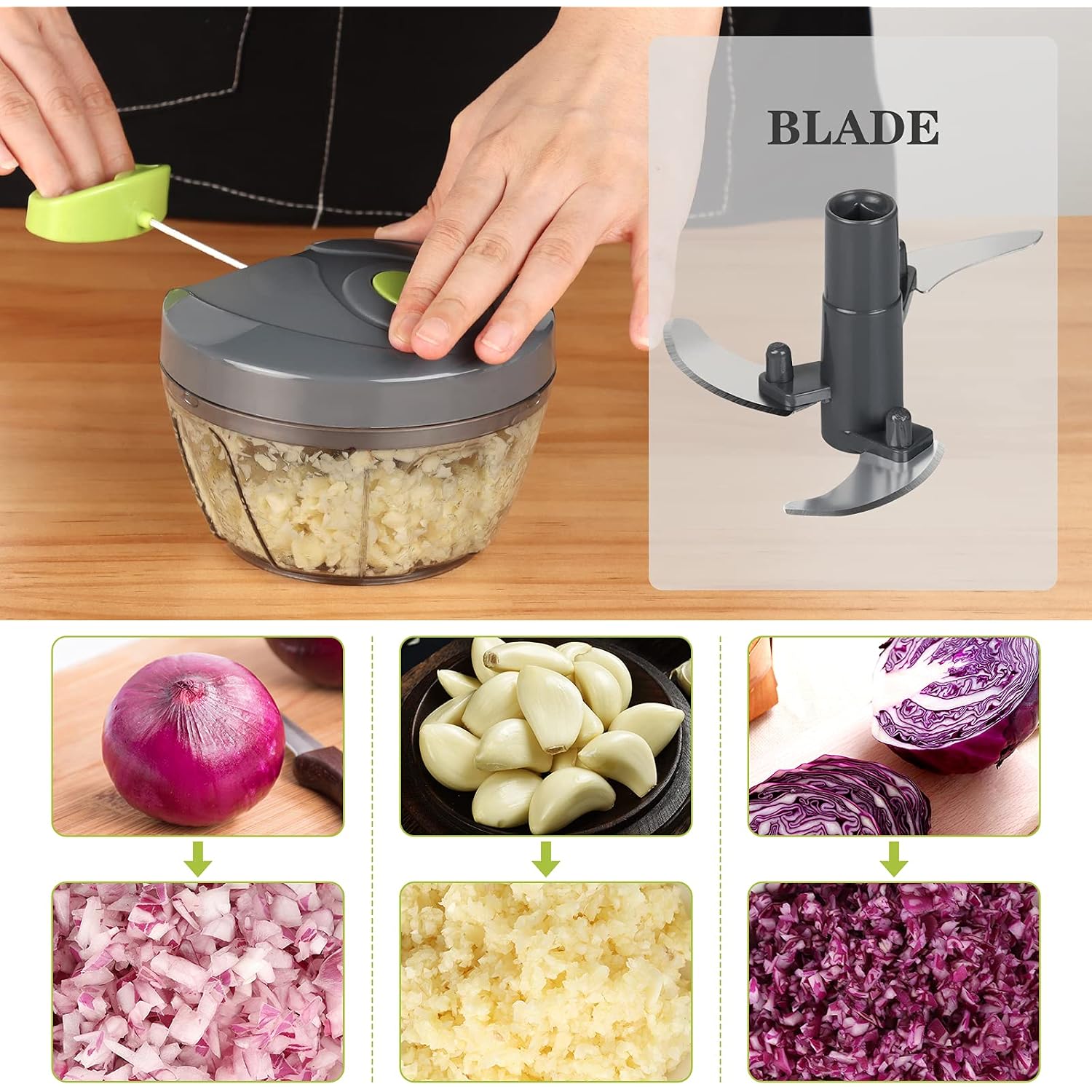 Cambom Manual Food Chopper Vegetable Cutter, Hand String Vegetable Chopper Onions Cutter For Vegetable Fruits Nuts Bpa Free Food Safe Material, 500Ml Gray