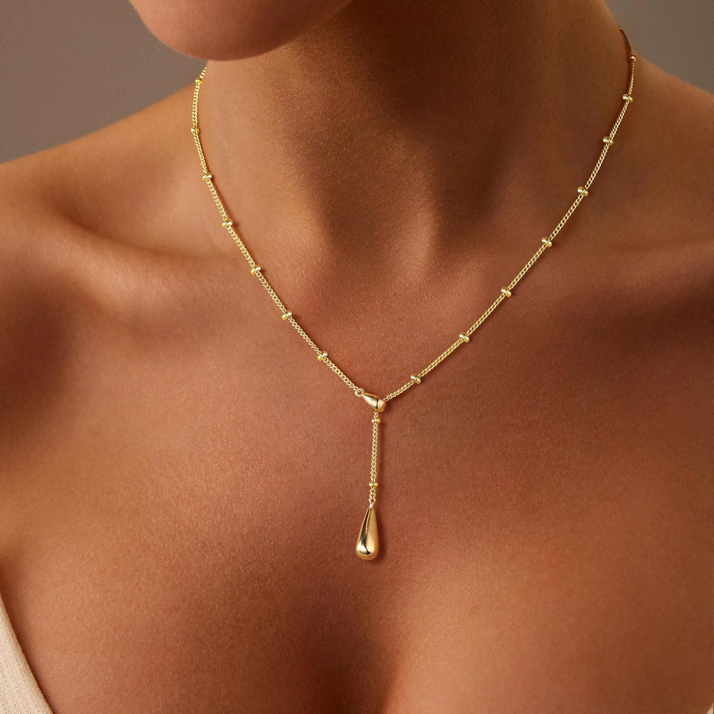 M MOOHAM Mothers Day Gifts - Dainty 14K Gold Plated Beaded Chain Small Pendant Necklaces Simple Pearl Circle Beads Italian Horn Teardrop Pendant Y-Shaped Necklace for Women Trendy Jewelry Gifts
